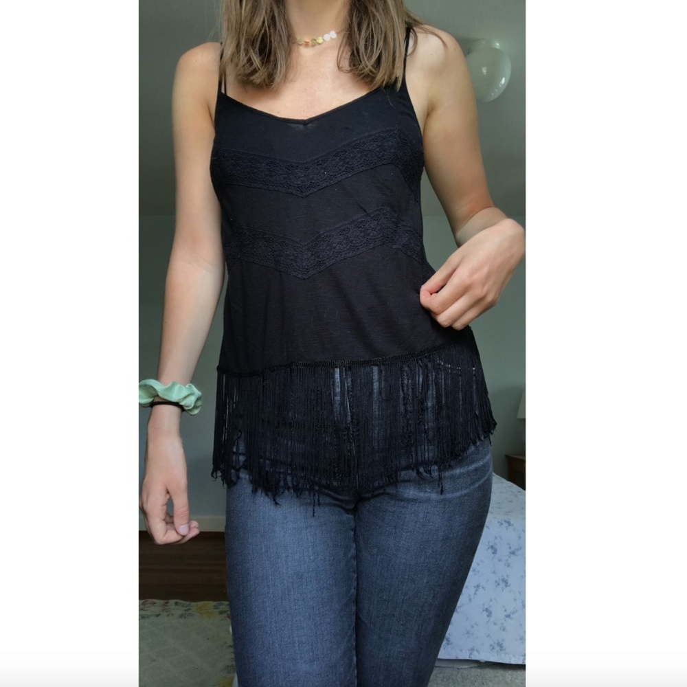 American Eagle Black Fringed Top